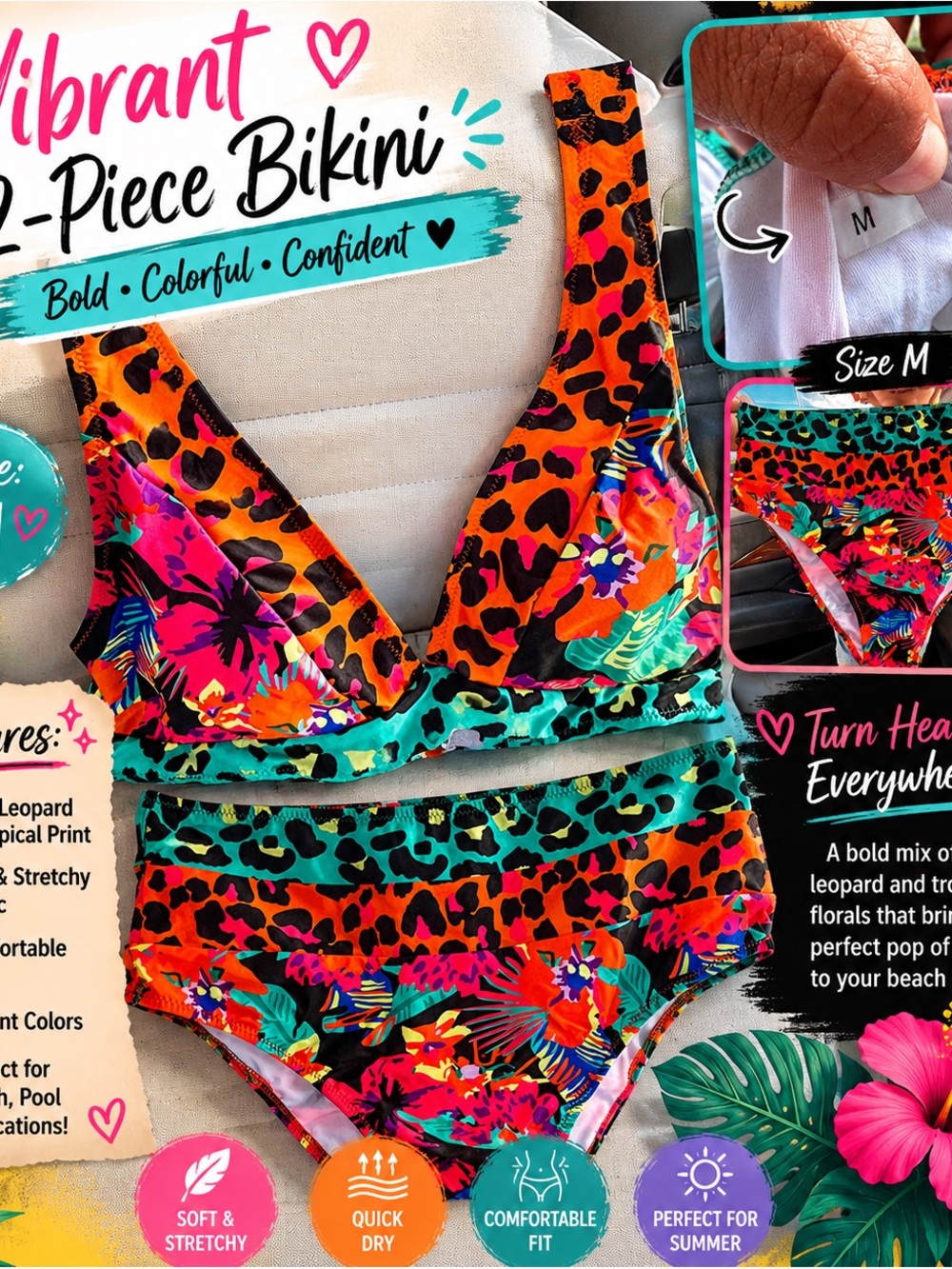 Hillner Tropical Floral & Leopard Print Bikini Set in Orange - Picture 2 of 2